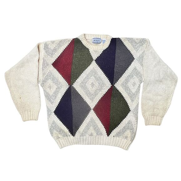 VINTAGE 90’s DUPLEX Colorblock Diamond Knit Sweater Unisex L Cream Multicolor